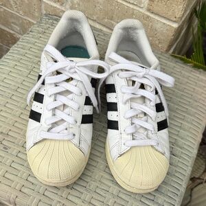 Adidas Superstar White and Black Sneakers with Cream Accents Size 5